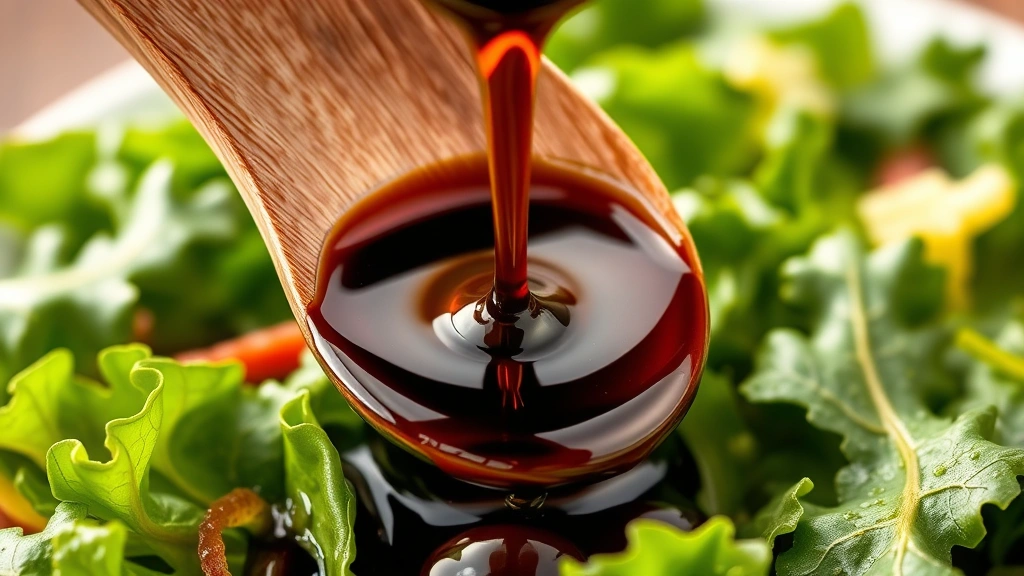 Close-up of dark amber balsamic vinegar being drizzled slowly from a wooden spoon onto fresh green salad leaves with olive oil droplets, photorealistic, warm lighting, shallow depth of field, no text