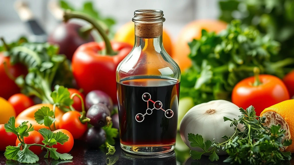 Laboratory-style composition showing molecular antioxidant visualization with balsamic vinegar in glass container surrounded by colorful fresh vegetables and herbs, photorealistic, clean aesthetic, scientific but accessible feel, no text