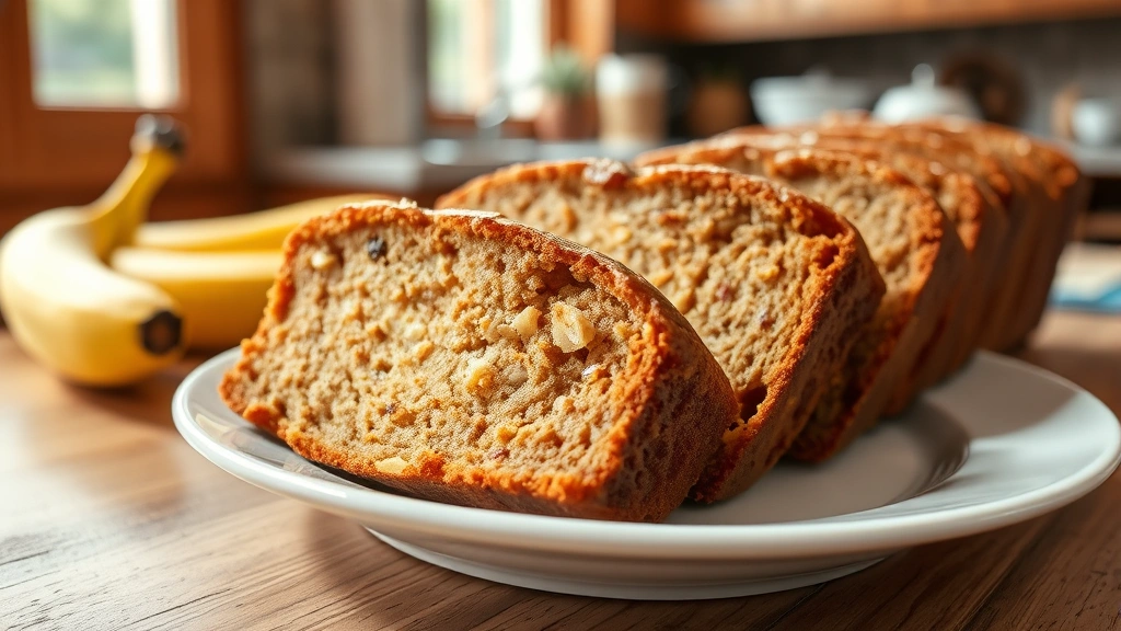 Close-up overhead shot of sliced banana bread on a white ceramic plate with a warm kitchen background, showing the moist crumb structure and banana pieces, natural morning lighting through a window