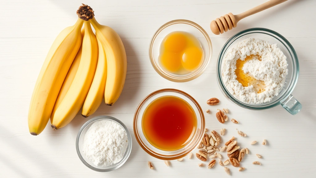 Flat lay composition of fresh bananas, eggs, whole wheat flour in glass bowls, honey drizzle, and scattered nuts on a light wooden surface with soft natural light, emphasizing quality baking ingredients