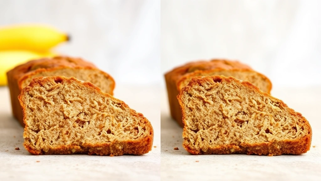 Split-screen comparison image showing homemade banana bread slice on left side and commercial bakery banana bread slice on right side, positioned on neutral background to highlight visual differences in density and color