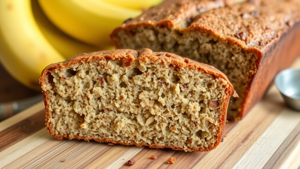 Close-up of sliced banana bread showing texture, crumb structure, and moist interior, with fresh bananas and measuring cups nearby on wooden surface