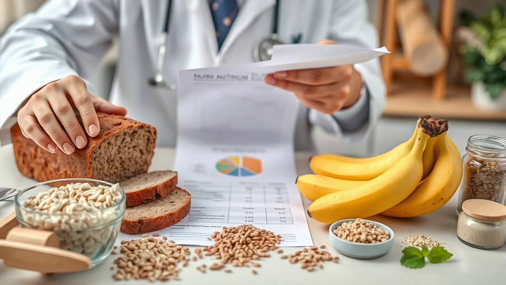 Professional nutritionist examining food composition data with banana bread, fresh bananas, whole grains, and healthy ingredients arranged on desk