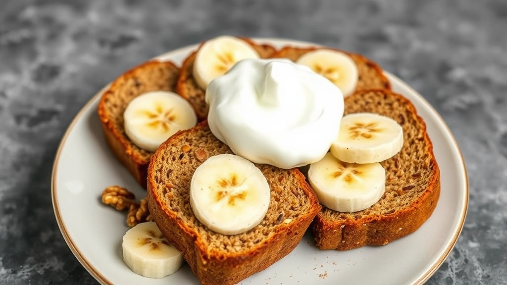 Artfully arranged whole grain banana bread slices with fresh banana halves, walnuts, ground flaxseed, and Greek yogurt on modern plate