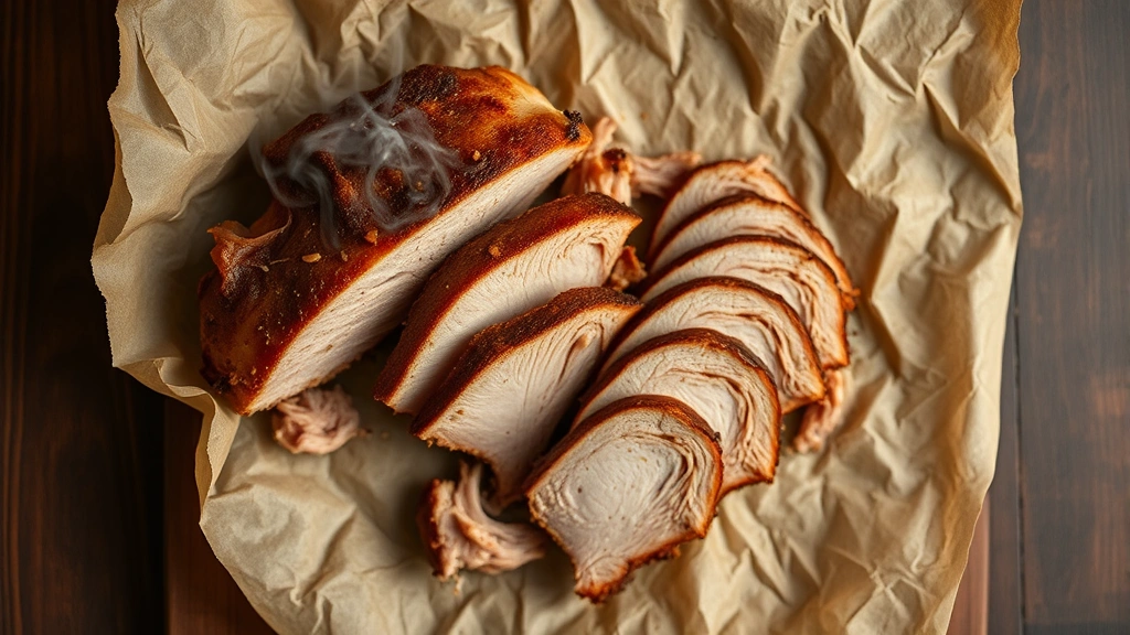 Overhead shot of sliced pulled pork on butcher paper with smoke wisps, professional food photography, warm lighting, shallow depth of field, no text or labels visible