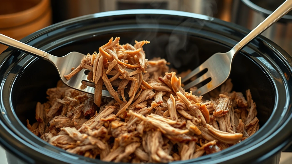 Close-up of slow cooker with tender pulled pork shredding with forks, steam rising, rustic kitchen setting, natural daylight, photorealistic detail