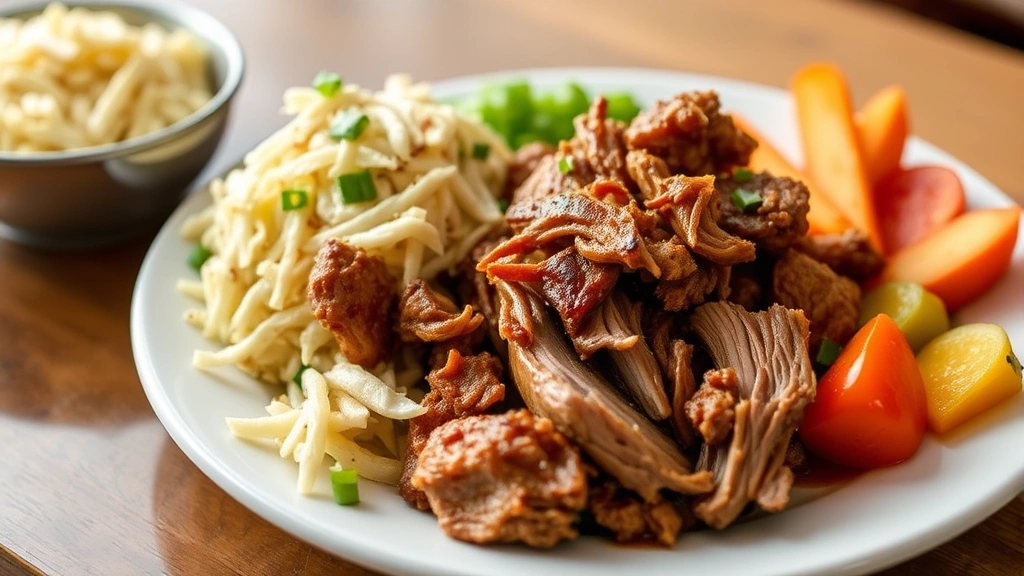 Plated pulled pork served with coleslaw and vegetables on white ceramic plate, restaurant-style presentation, professional food styling, natural lighting, no text elements