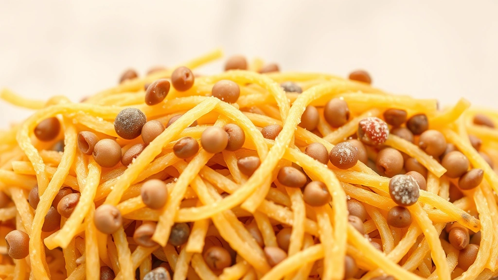 Close-up of dried protein pasta strands showing legume-enriched texture against neutral background, golden-brown color, photorealistic detail of ingredient composition