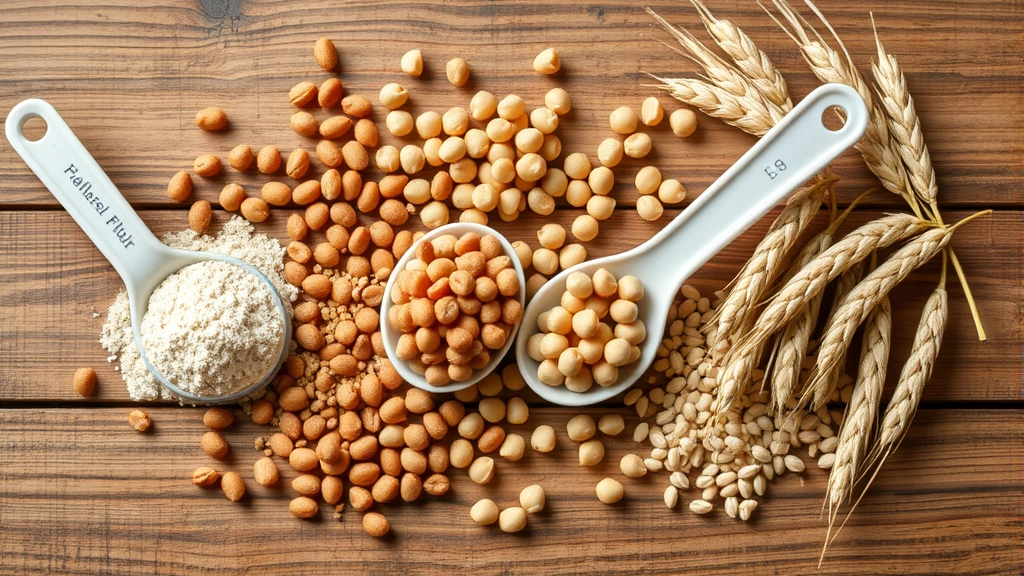Flat lay of nutritional components: measuring spoons with legume flour, whole lentils, chickpeas, and wheat grain arranged artistically on wooden surface, natural lighting