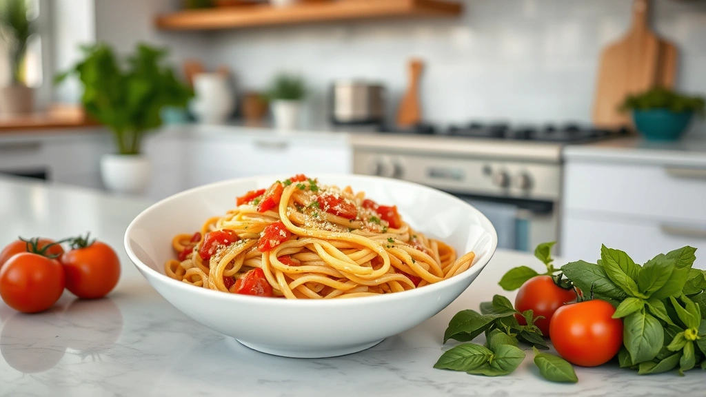 Modern kitchen scene with cooked protein pasta in white bowl, fresh vegetables nearby including tomatoes and basil, nutritious meal preparation setting, warm natural light