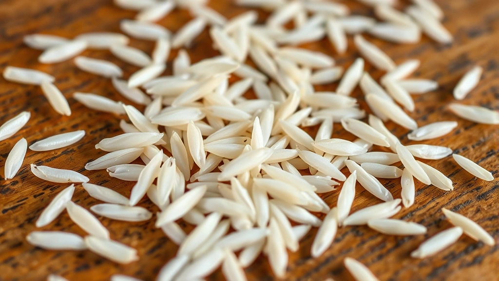 Close-up of uncooked basmati rice grains scattered on a wooden surface, showing the distinctive long slender shape and pearlescent white color, natural lighting highlighting individual grain texture