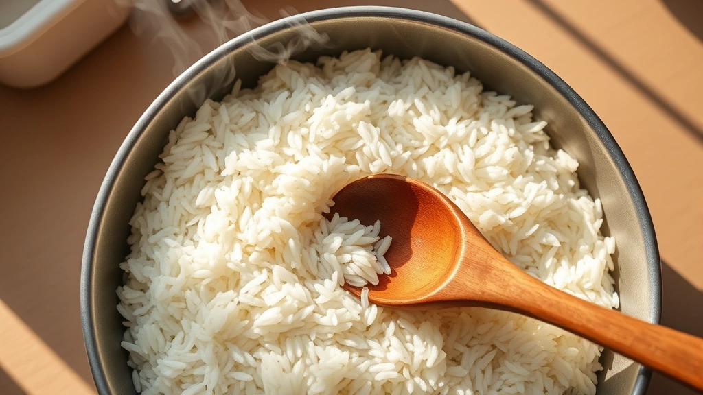 Overhead view of a steaming bowl of cooked white basmati rice with a wooden spoon resting inside, wisps of steam rising, neutral kitchen background, warm natural sunlight creating soft shadows