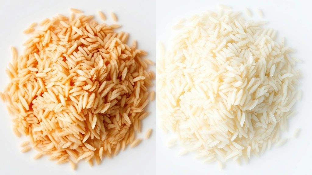 Split-screen comparison showing raw brown basmati rice on one side and white basmati rice on the other, arranged in clean piles on a light background, emphasizing color and texture differences