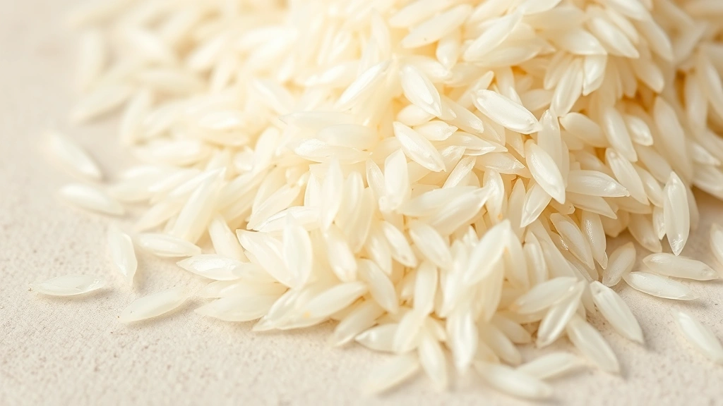 Close-up macro photography of individual basmati rice grains showing texture and translucent quality, soft natural lighting, minimalist composition on neutral surface