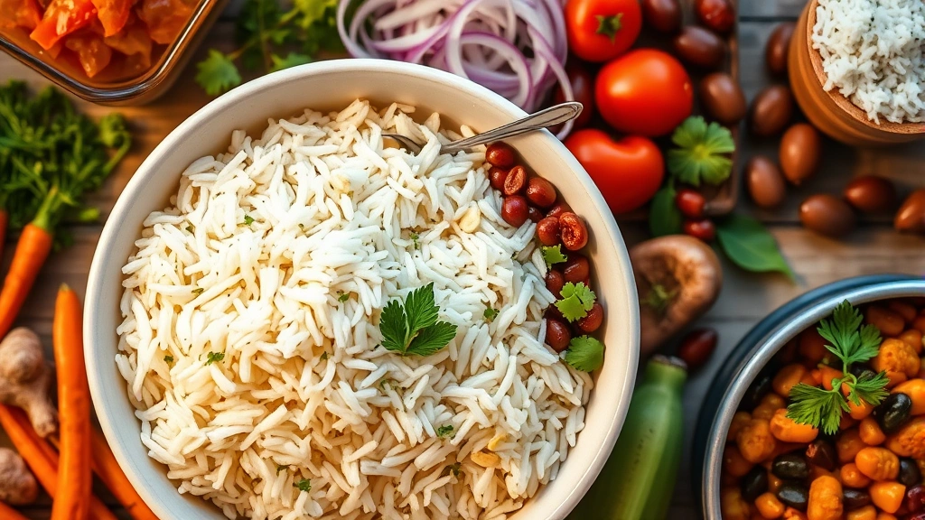 Vibrant flat lay of basmati rice prepared meals: cooked rice in bowl alongside fresh vegetables, legumes, herbs, and cooking ingredients arranged artfully, warm kitchen lighting