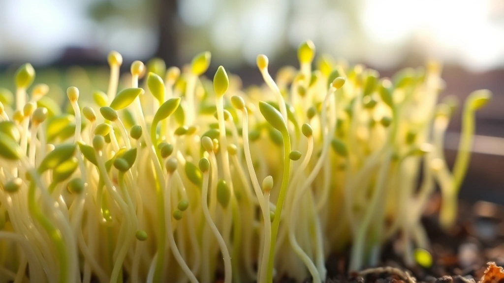 Close-up of vibrant fresh mung bean sprouts with delicate white roots and pale green shoots in natural morning light, organic farm aesthetic, shallow depth of field