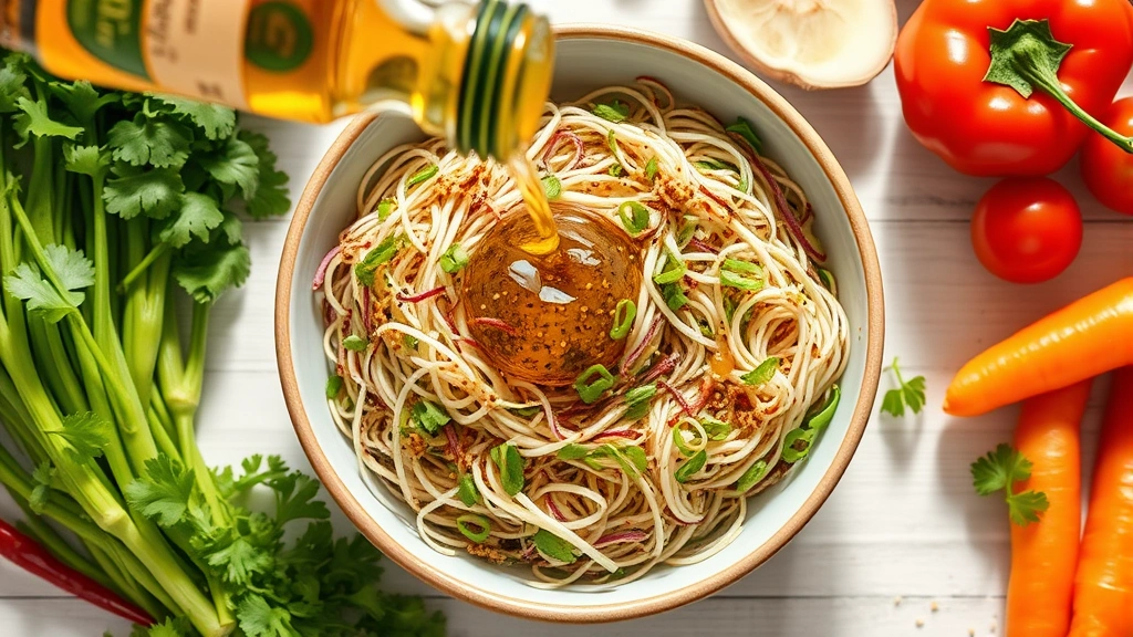 Overhead view of bowl filled with fresh mixed sprouts being drizzled with sesame oil, surrounded by fresh vegetables and herbs, bright natural lighting, vibrant and appetizing presentation