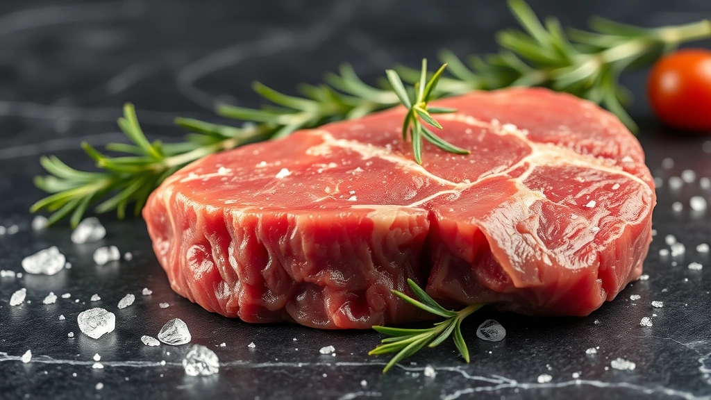 High-quality raw filet mignon steak on dark marble surface with fresh rosemary sprigs and sea salt crystals, professional food photography lighting, shallow depth of field