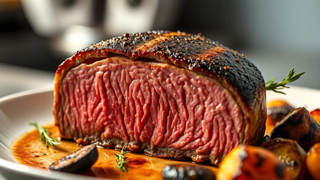 Cooked filet mignon cross-section showing medium-rare interior with caramelized crust, plated with roasted vegetables and herbs, warm professional kitchen lighting, close-up detail