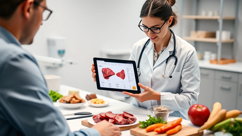 Nutritionist or dietitian analyzing beef nutrition data on tablet device at modern clinical workspace, surrounded by food samples and measurement tools, professional healthcare environment