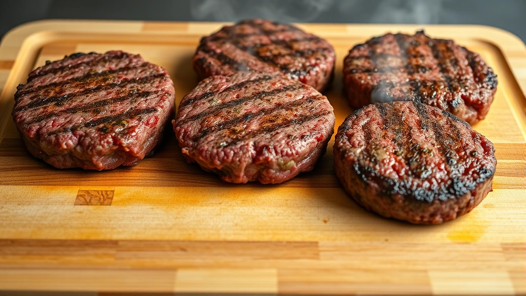 Professional food photography of freshly cooked beef patties on a wooden cutting board with steam rising, showing internal doneness levels from rare to well-done, natural kitchen lighting emphasizing meat texture and color gradations