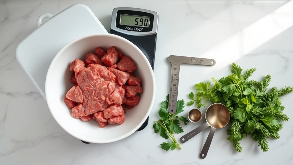 Overhead flat lay composition of ground beef preparation ingredients and tools: lean ground beef in a white bowl, kitchen scale displaying weight measurements, cooking thermometer, fresh herbs, and measuring spoons arranged on marble countertop with natural window lighting