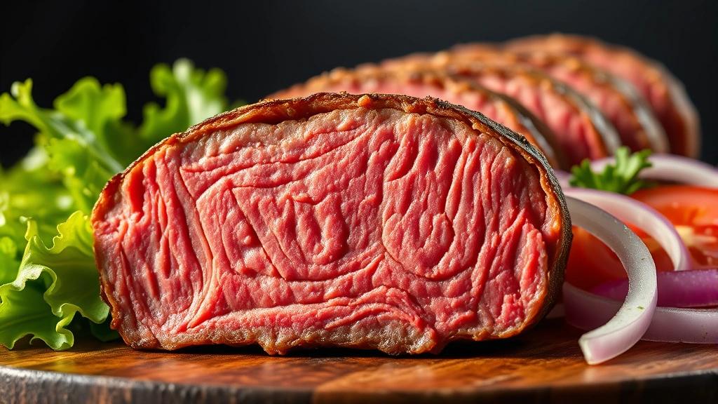 Close-up macro photography of sliced beef patty cross-section showing marbling and fat distribution patterns, with fresh vegetables like lettuce, tomato, and onion arranged artfully beside it, professional food styling with dramatic side lighting