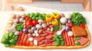 Digital illustration showing colorful pizza ingredients laid out in an organized grid: fresh spinach, bell peppers, mushrooms, onions, and various meats arranged on a modern kitchen counter with soft natural lighting, no text or labels visible