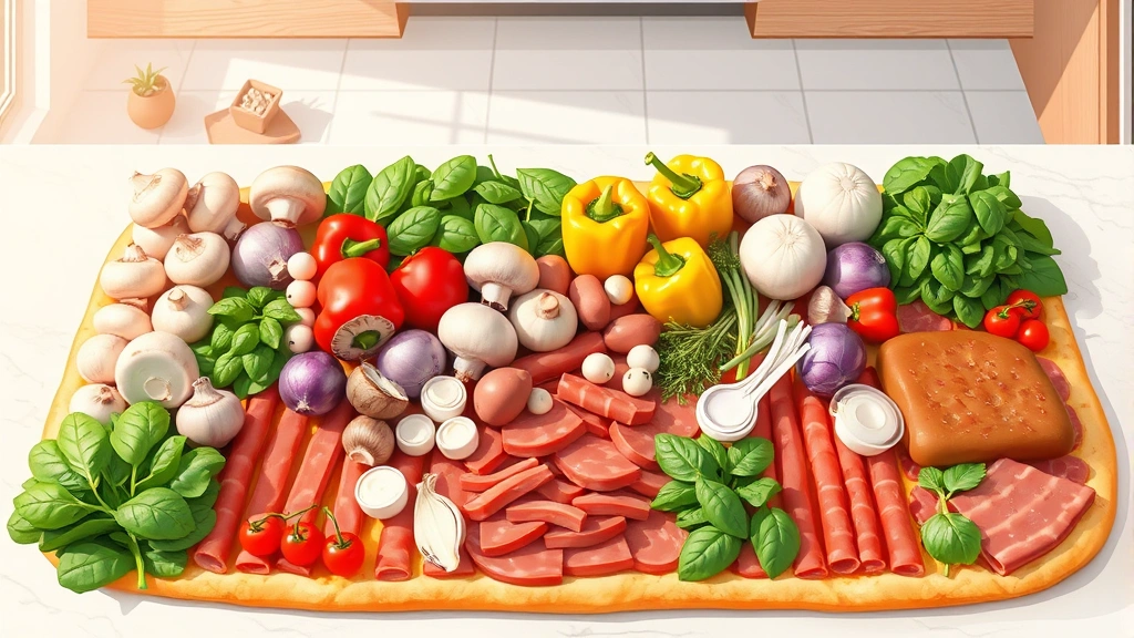 Digital illustration showing colorful pizza ingredients laid out in an organized grid: fresh spinach, bell peppers, mushrooms, onions, and various meats arranged on a modern kitchen counter with soft natural lighting, no text or labels visible