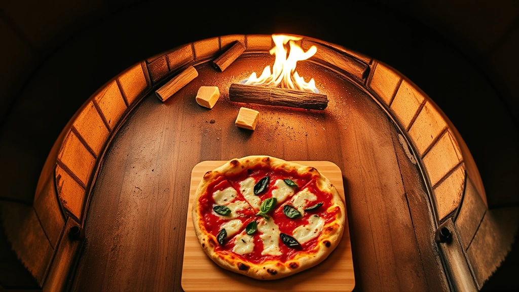 Overhead flat lay photography of a wood-fired oven interior with flames visible, showing the artisanal pizza-making process with a partially cooked pizza on a wooden peel, warm ambient lighting, no text