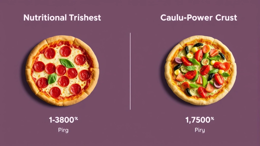 Split-screen comparison visualization showing nutritional profiles side-by-side: one half displays a traditional thick-crust pepperoni pizza, other half shows caulipower crust with vegetables, clean modern design, no numbers or text overlays