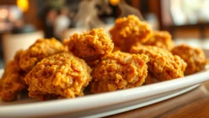 Close-up of golden-brown fried chicken pieces on white plate with steam rising, shallow depth of field, warm restaurant lighting, 8k detail