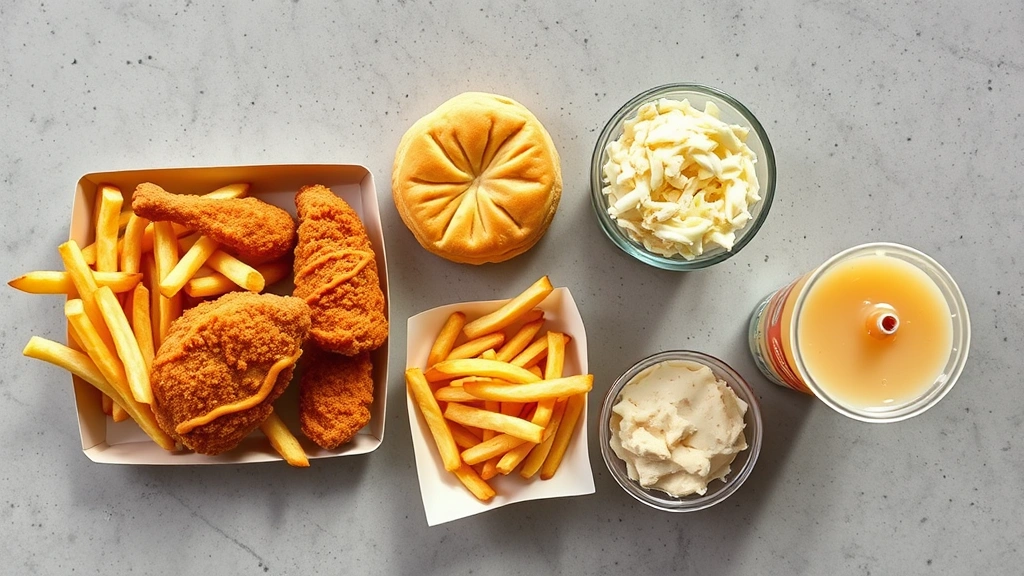 Overhead flat lay of Bojangles combo meal components arranged separately: fried chicken, buttermilk biscuit, french fries, coleslaw, and beverage on modern countertop with natural daylight