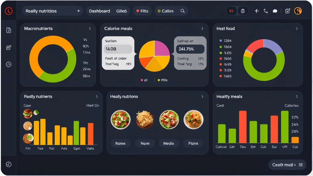 Digital nutrition dashboard interface showing macronutrient pie charts and calorie counters for fast-food meals, modern UI design with health metrics displayed