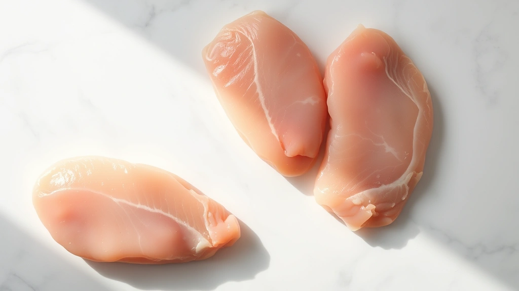 Professional food photographer capturing raw boneless chicken breast fillets on white marble surface with subtle lighting, showing texture and pale pink coloration, minimalist composition with natural shadows