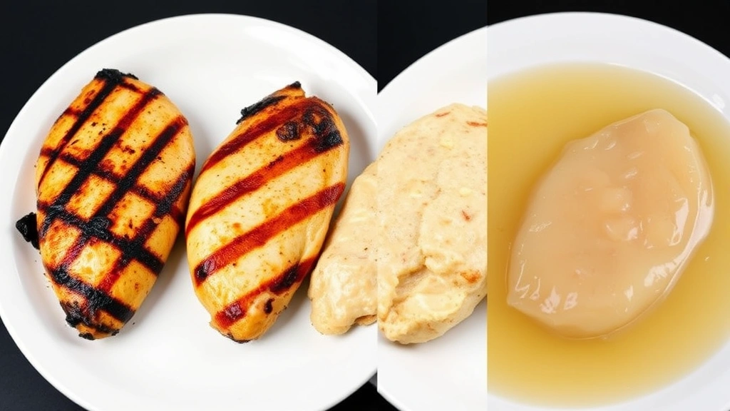 Split-screen comparison showing cooked boneless chicken breast prepared three ways: grilled with grill marks, baked pale golden, and poached in clear broth, arranged on white plates with professional lighting emphasizing cooking method differences