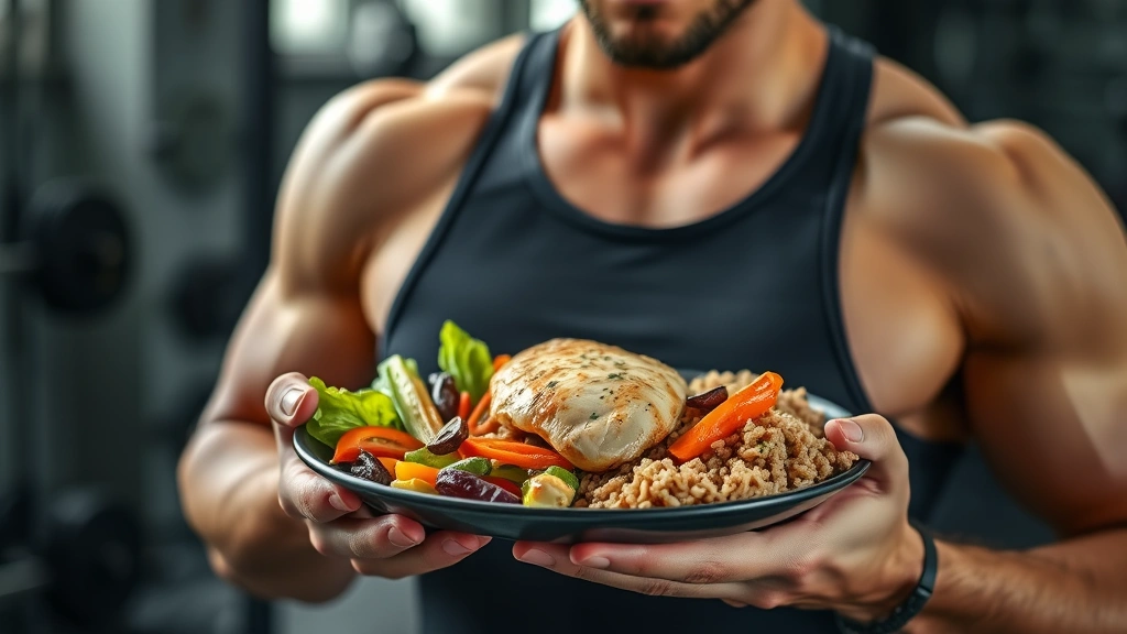Athlete in gym setting holding prepared boneless chicken breast meal with fresh vegetables and brown rice, representing post-workout nutrition recovery, natural gym lighting, focus on nutrition plate composition
