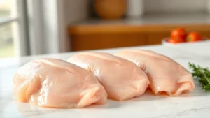 Professional food photographer capturing raw boneless skinless chicken breast fillets on a white marble countertop with soft natural window lighting, showing pristine texture and translucent quality