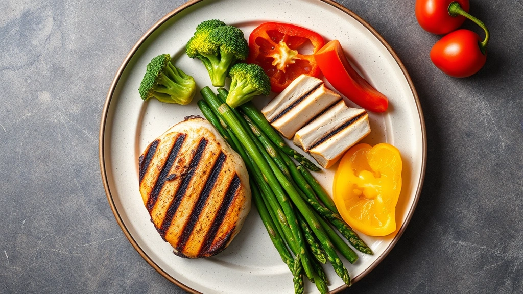 Vibrant overhead flat lay composition of prepared grilled chicken breast alongside fresh vegetables including broccoli, bell peppers, and asparagus on a modern ceramic plate with minimalist styling