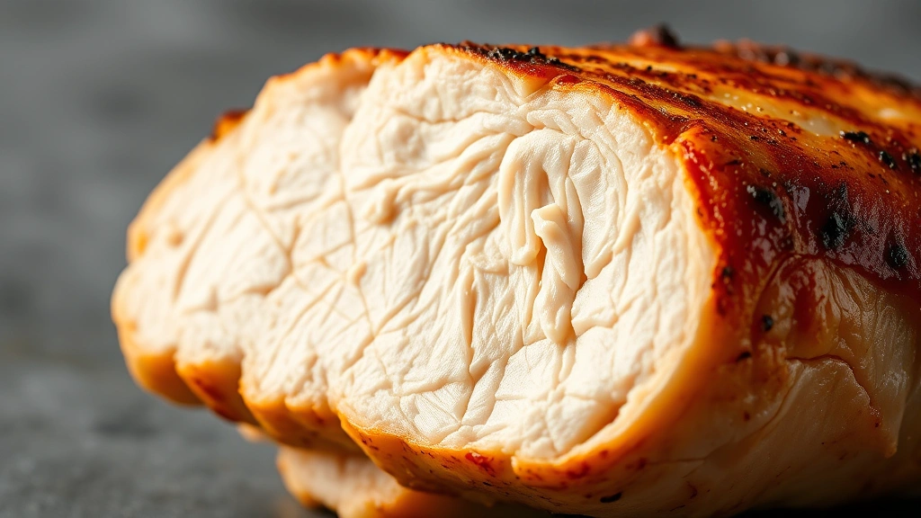 Close-up macro photography of cooked sliced chicken breast revealing tender interior texture and protein fibers, photographed with warm studio lighting against a neutral gray background