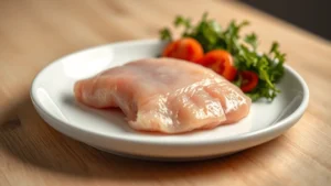 Professional food photographer capturing raw boneless skinless chicken breast fillet on white ceramic plate with professional lighting, shallow depth of field, clean culinary presentation, no text or labels visible
