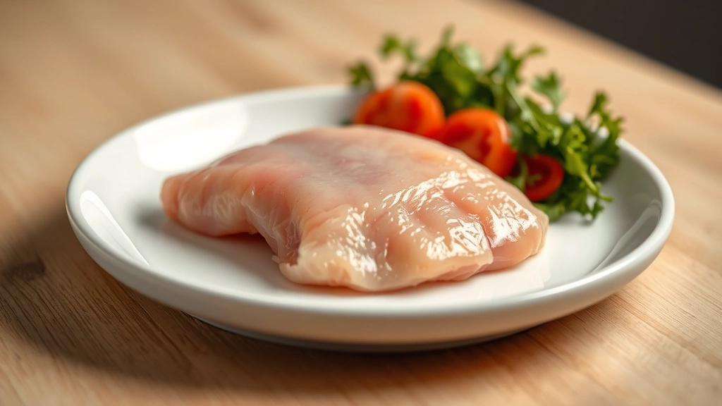 Professional food photographer capturing raw boneless skinless chicken breast fillet on white ceramic plate with professional lighting, shallow depth of field, clean culinary presentation, no text or labels visible