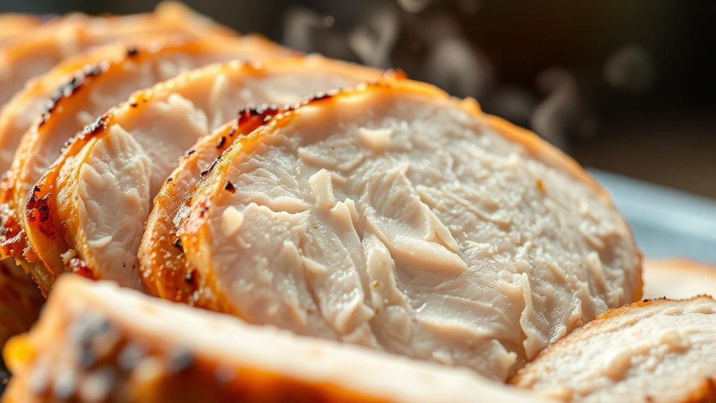 Close-up macro photography of cooked sliced chicken breast showing protein fiber texture, steam rising, professional kitchen lighting, appetizing presentation without any text or interface elements