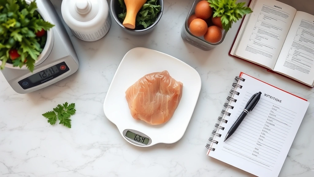 Flat-lay nutritionist workspace showing measuring scale with chicken breast portion, notebook, and professional nutritional analysis materials on marble countertop, natural daylight, no visible text on materials