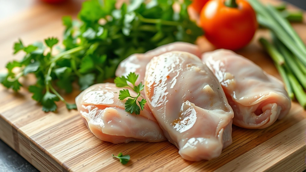 Close-up of raw boneless skinless chicken thighs on a cutting board with fresh herbs and vegetables, natural kitchen lighting, photorealistic, no text or labels visible