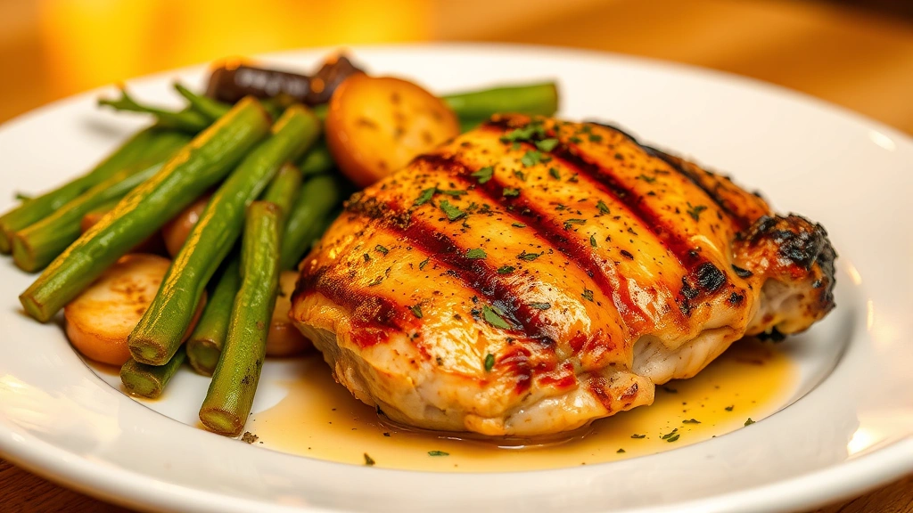 Plated grilled boneless skinless chicken thigh with roasted vegetables and herbs, restaurant-quality presentation, warm golden lighting, no visible text or nutritional information