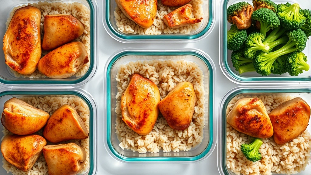 Overhead shot of meal prep containers with cooked boneless skinless chicken thigh portions alongside brown rice and steamed broccoli, bright natural light, minimal text visible