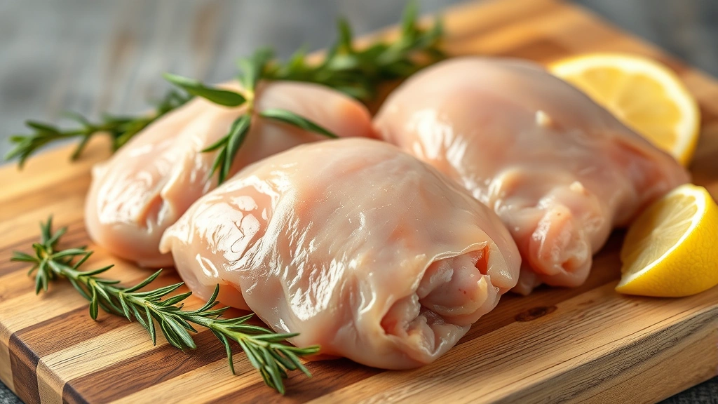 Close-up of raw boneless skinless chicken thighs on a wooden cutting board with fresh rosemary and lemon wedges, professional food photography lighting, shallow depth of field, warm natural tones