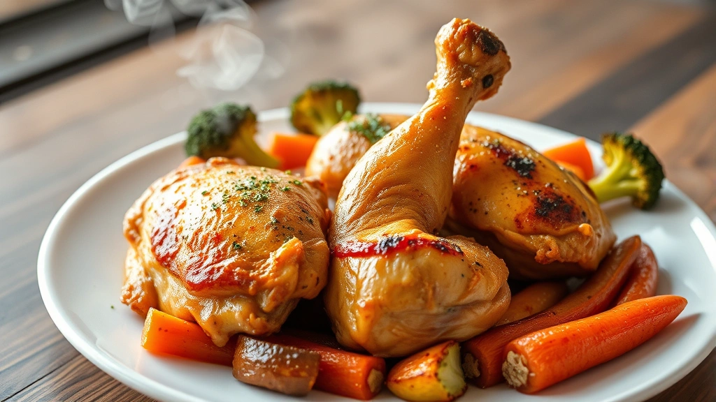 Cooked golden-brown chicken thighs on a white plate surrounded by roasted vegetables including broccoli and carrots, steam rising, professional culinary presentation, natural daylight