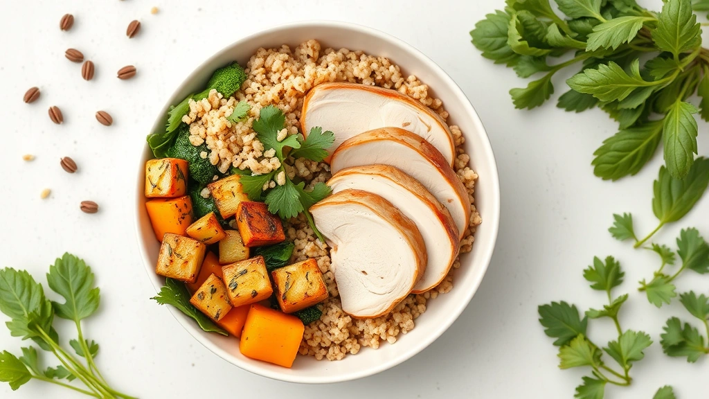 Overhead flat lay of prepared meal bowl containing sliced chicken thighs, quinoa, roasted vegetables, and leafy greens, vibrant colors, clean composition, natural studio lighting